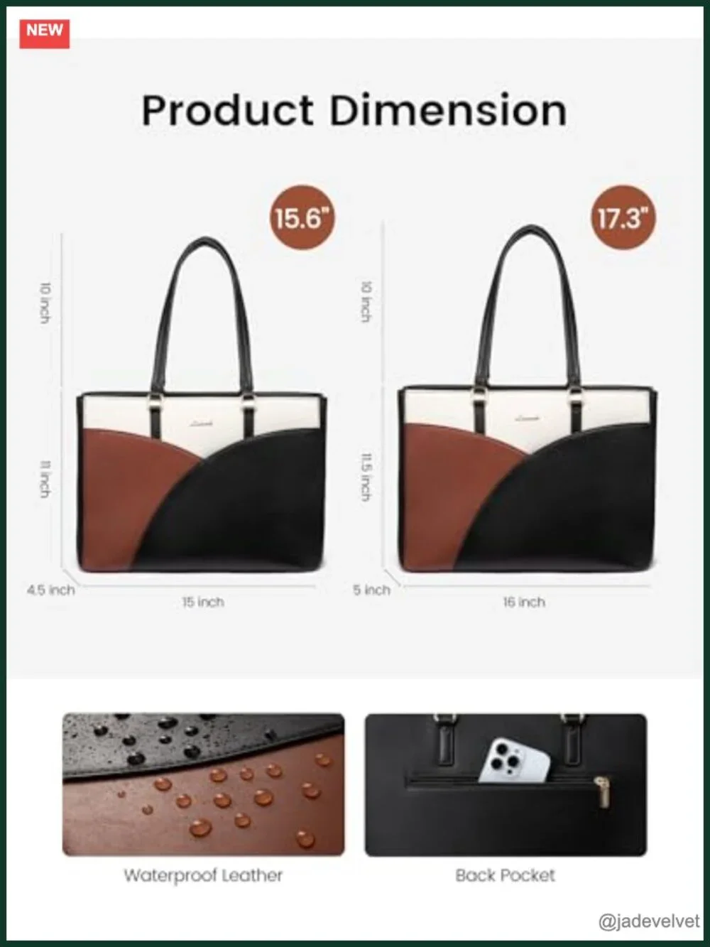 Waterproof PU Leather Laptop Tote Bag, 15.6